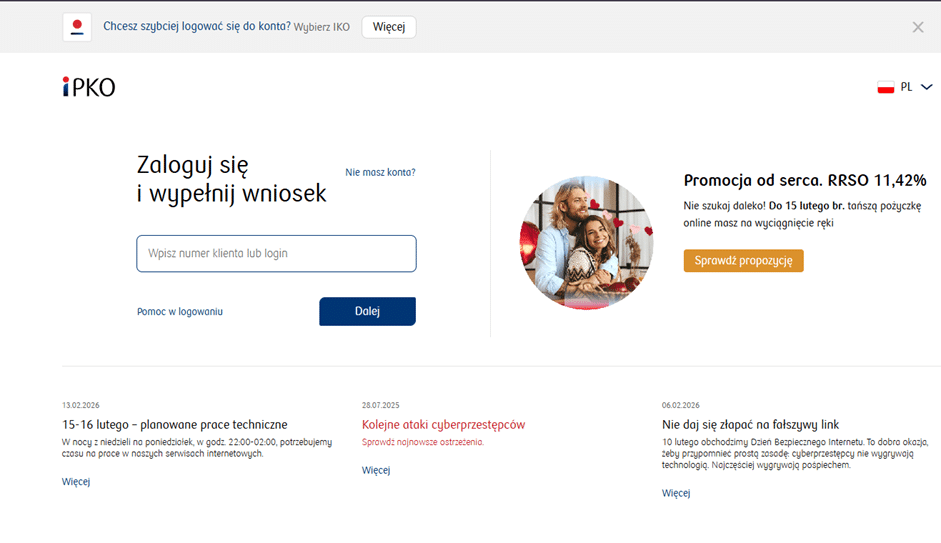Strona logowania do serwisu transakcyjnego iPKO, gdzie użytkownik kończy proces wnioskowania o kartę.