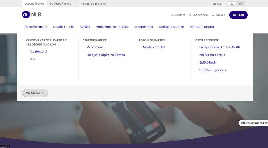 Posnetek zaslona domače strani NLB Banka z označenim menijem „Kartice“ in izbrano možnostjo za pregled vseh osebnih kartic.