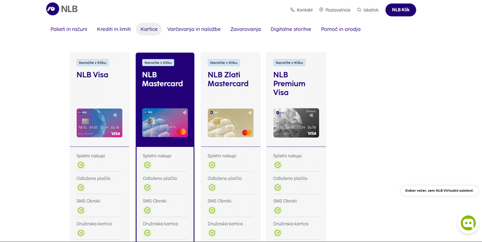 Preglednica različnih kartic NLB Banka z opisi in gumbi za več informacij o vsakem tipu kartice.