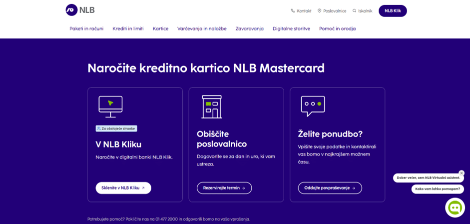 Podrobna stran izbrane kartice z navodili za oddajo zahtevka prek digitalnih kanalov ali v poslovalnici.