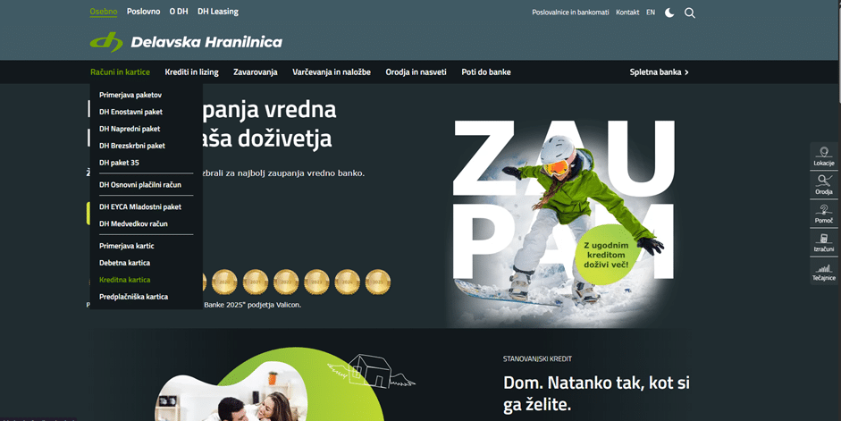 Posnetek zaslona domače strani Delavska hranilnica z jasno vidnim menijem za bančne kartice.
