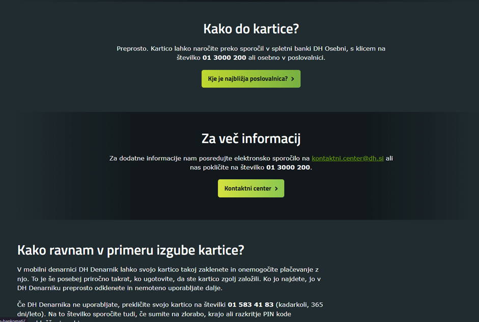 Spodnji del strani z navodili za oddajo zahtevka za izbrano bančno kartico.