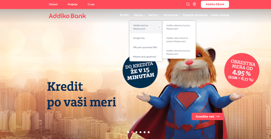 Posnetek zaslona domače strani Addiko Bank z odprtim menijem za kartice in izbrano možnostjo „Addiko kartice Mastercard“.