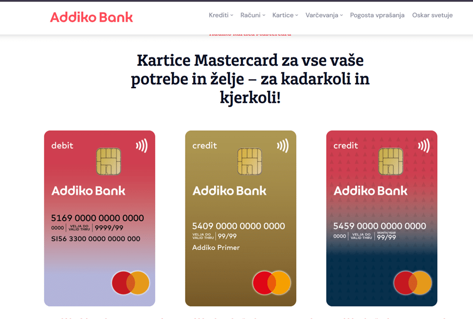  Stran s prikazom kartice Addiko Obročna Mastercard in opisom njenih glavnih lastnosti.