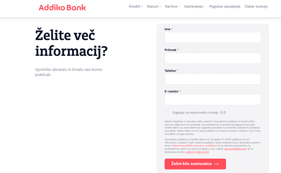 Spletni obrazec na strani Addiko Bank za vnos osebnih podatkov za naročilo nove bančne kartice.