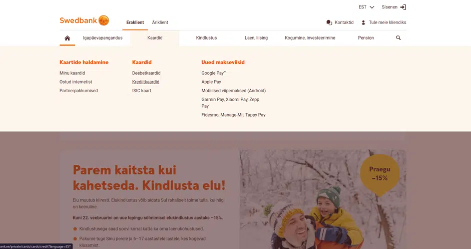 Swedbanki kodulehe ekraanitõmmis, kus on avatud menüü "Kaardid" ja valitud alajaotust "Krediitkaardid".