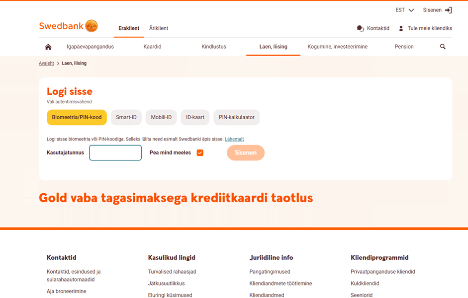 Swedbanki turvaline sisselogimisaken, kus klient saab sisestada oma andmed krediitkaardi taotlemise jätkamiseks.
