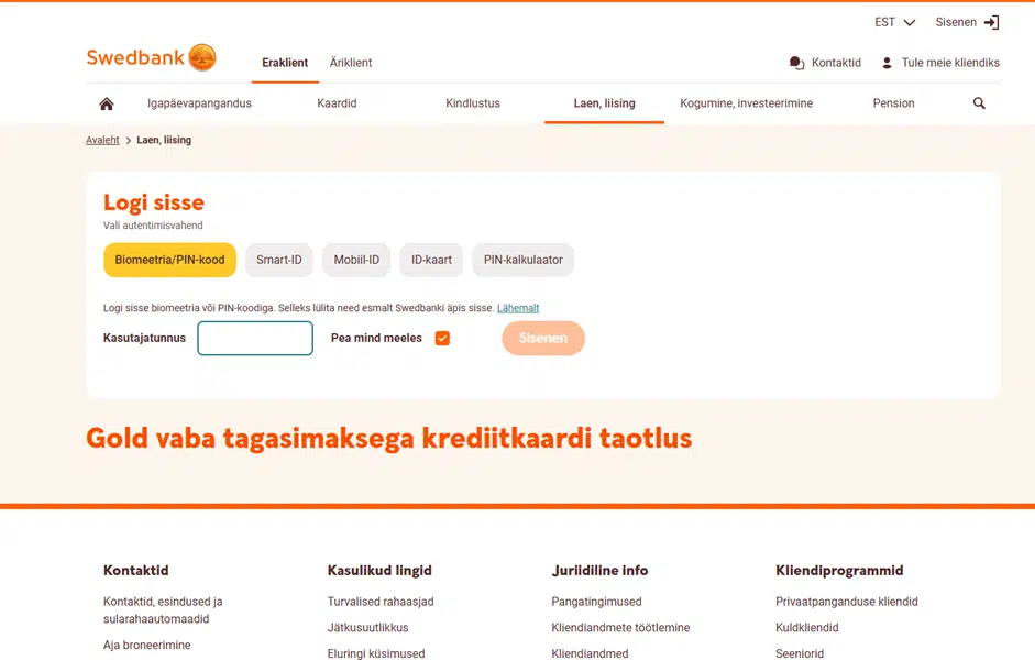 Swedbanki turvaline sisselogimisaken, kus klient saab sisestada oma andmed krediitkaardi taotlemise jätkamiseks.