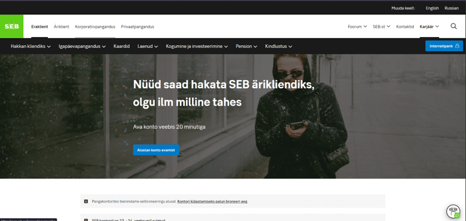 SEB panga kodulehe vaade, kus on esile tõstetud menüüvalik "Kaardid".