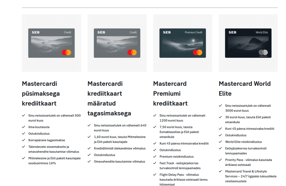 SEB krediitkaartide tooteleht, mis näitab erinevaid kaarditüüpe ja oranži nuppu taotluse alustamiseks.