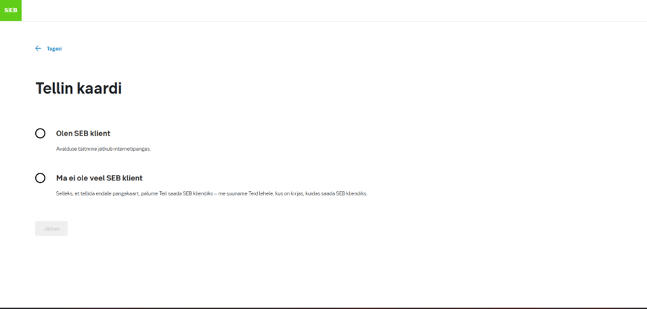 SEB internetipanga sisselogimisaken ja taotlusvormi algus, kus klient saab oma tellimust kinnitada.
