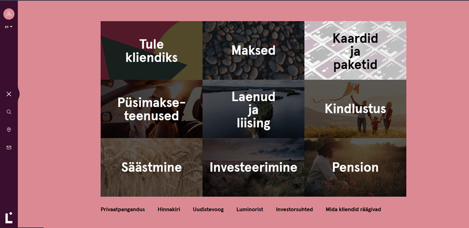 Luminori kodulehe vaade, kus on avatud külgmenüü ja esile tõstetud valik „Kaardid ja paketid“.