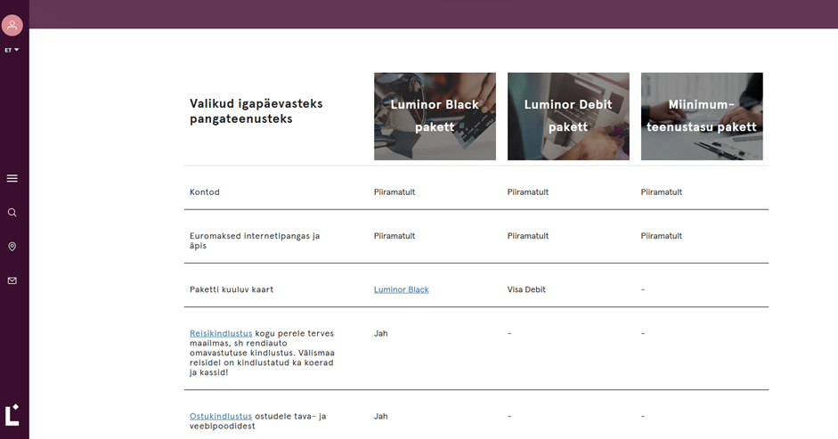 Luminori krediitkaartide valiku leht, kus on kuvatud Luminor Black kaart koos kirjeldusega.