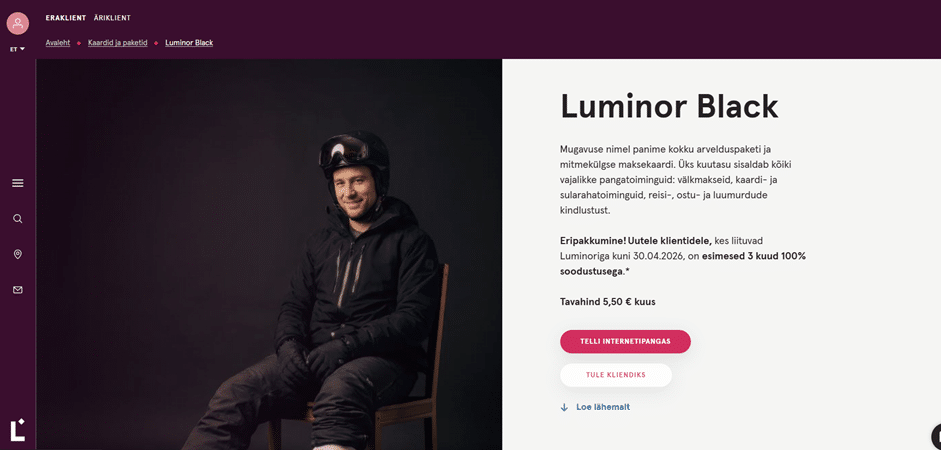 Luminor Black kaardi info- ja taotlusleht, kus on selgelt nähtav roosa nupp „Tule kliendiks“.