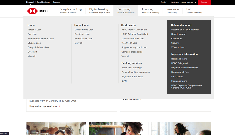 Screenshot of the HSBC Malta homepage highlighting the "Borrowing" menu and the "Credit Cards" sub-option.