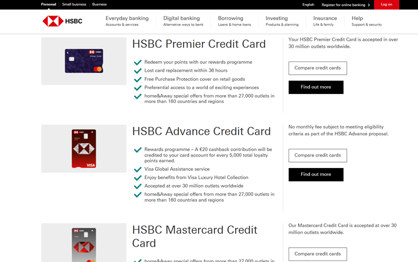 Webpage displaying different HSBC credit card products with descriptions and "Find out more" buttons for each.