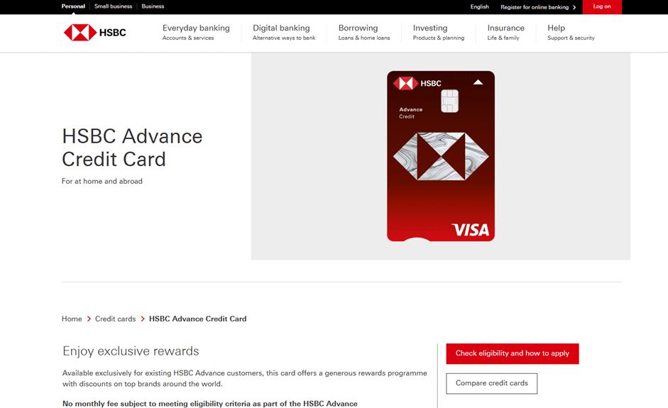 Detailed information page for a specific credit card featuring a prominent red button to check eligibility.