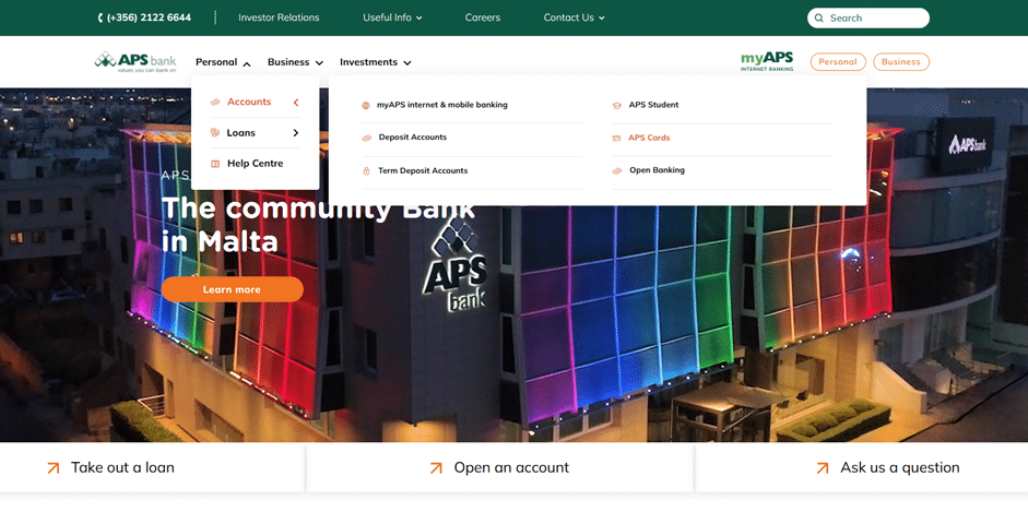 Screenshot of the APS Bank website showing the navigation path: Personal > Accounts > APS Cards.