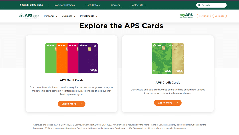 The APS Cards landing page with a clear option to select "APS credit cards" among other card types.