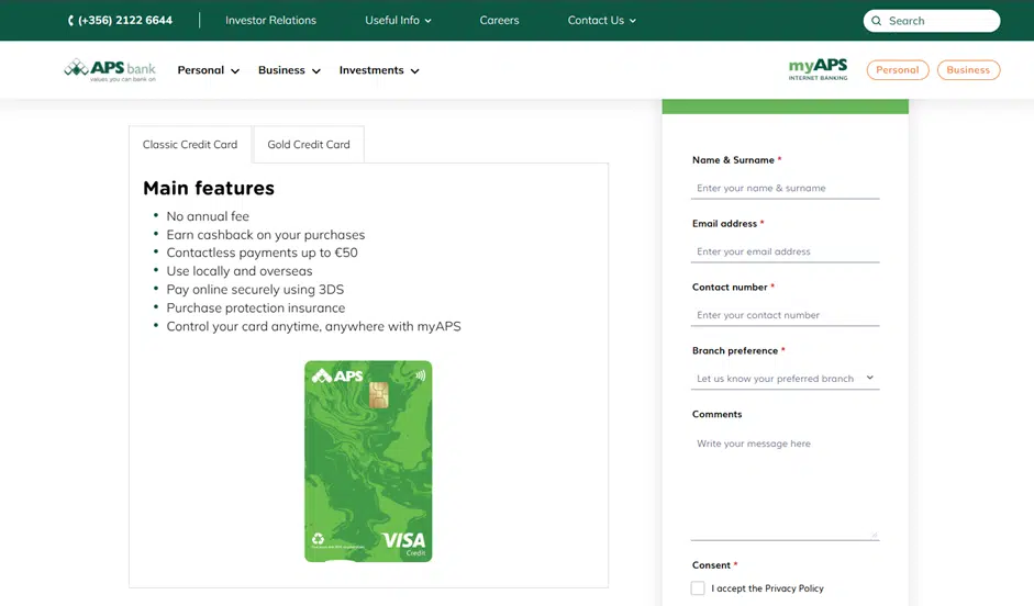 Display of APS credit card products like Classic and Gold with "Find out more" buttons for detailed info.
