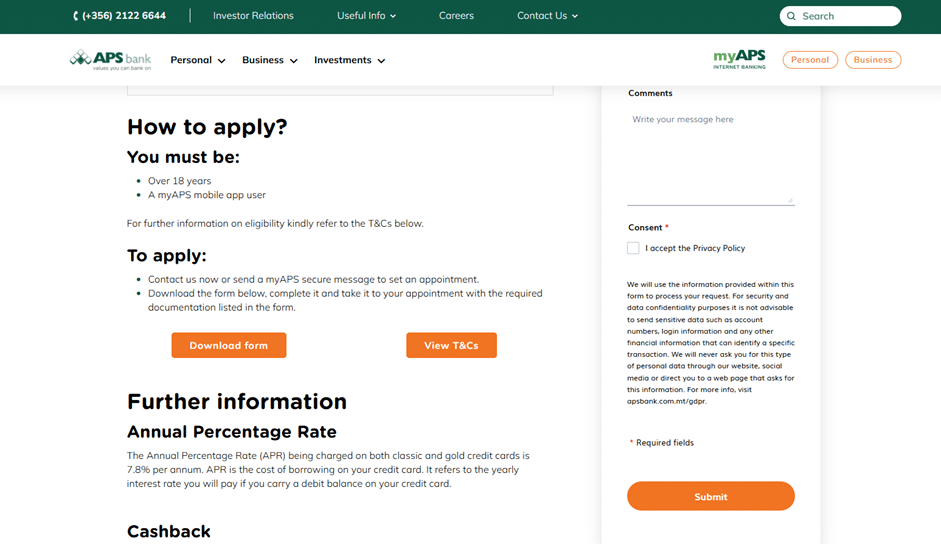 The bottom of the APS card page showing the "How to apply" section with step-by-step instructions.