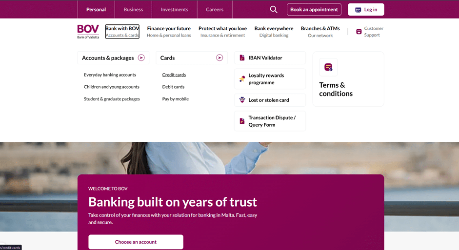 Screenshot of the Bank of Valletta (BOV) website showing the navigation menu with "Bank with BOV", "Cards", and "Credit Cards" highlighted.