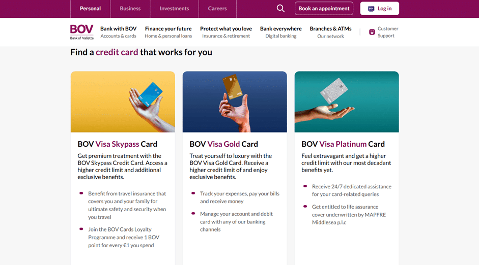 Webpage listing BOV credit card products, featuring the Visa Skypass card with a "View more" button.