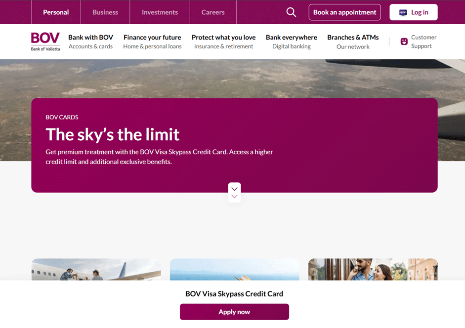  Information page for the selected BOV credit card showing features and a prominent "Apply now" button.