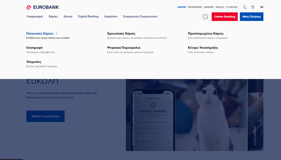  Στιγμιότυπο της αρχικής σελίδας της Eurobank Cyprus με υπογραμμισμένο το μενού για τις "Κάρτες" και τις "Πιστωτικές Κάρτες".