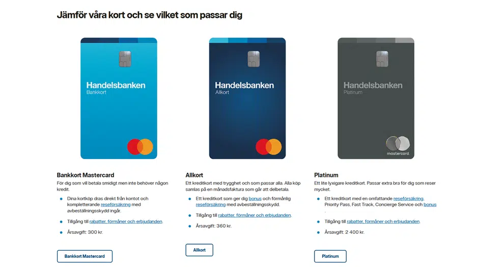 En översiktssida som visar olika kort från Handelsbanken, där knappen för att välja "Allkort" är tydligt markerad.