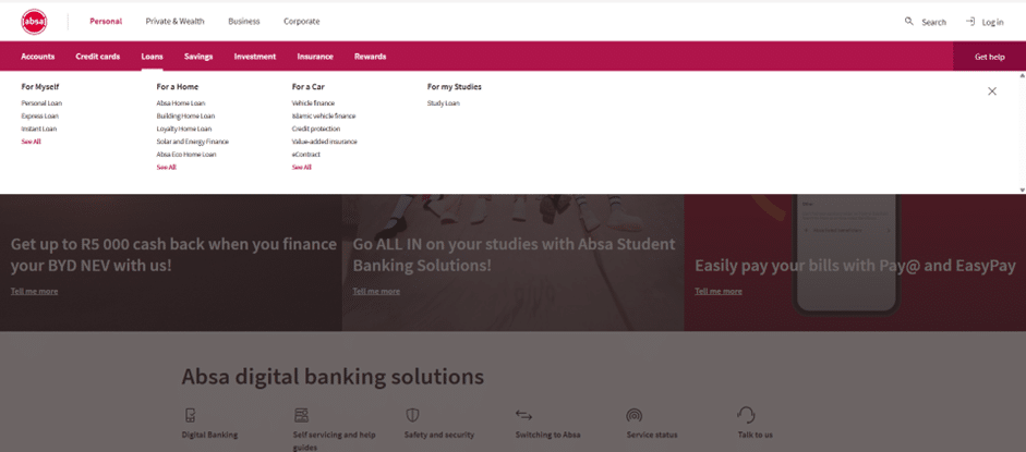 Screenshot of the ABSA Bank homepage with the "Loans" menu open, showing the "Personal Loan" option under the "For Myself" section.