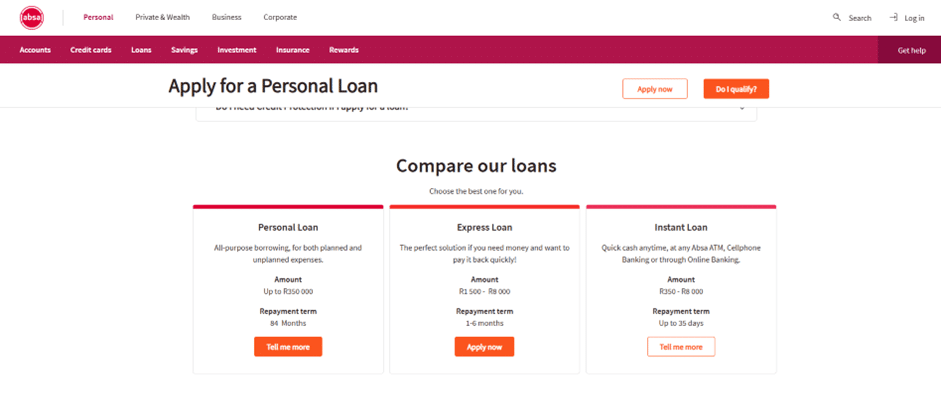 A page showing different personal loan products from ABSA with descriptions and orange "Apply now" buttons.