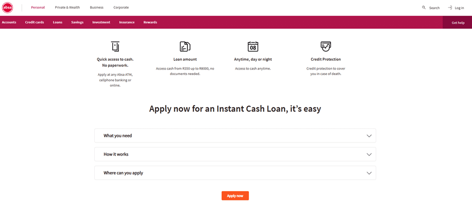 Information page detailing the requirements for an ABSA personal loan application.