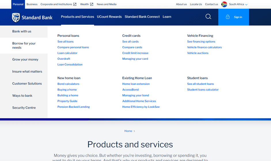 Screenshot of the Standard Bank South Africa homepage showing the "Products and services" menu and the path to "See all loans" under the personal loan section