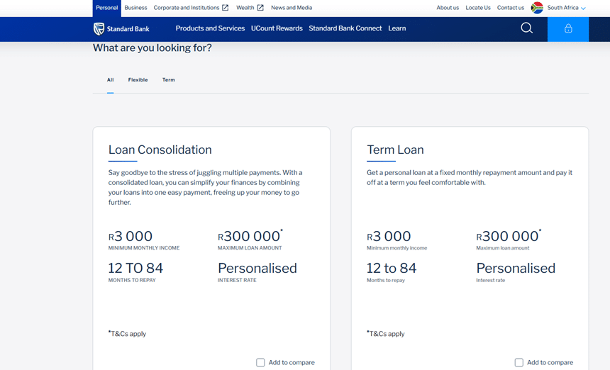 A list of Standard Bank personal loan options with descriptions of their features and orange buttons for immediate application.
