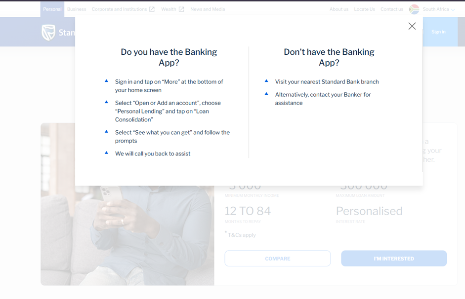 Final step page showing the instruction to complete the application via the banking app or secure portal.
