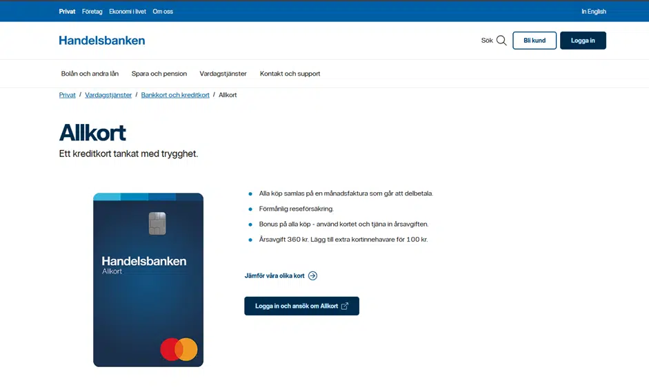 Detaljsidan för Allkort med en framträdande blå knapp för att logga in och påbörja ansökningsprocessen.