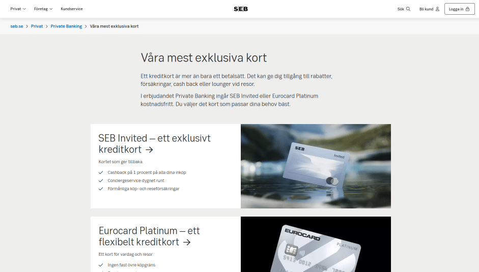En sida som visar olika kreditkortsalternativ hos SEB, där SEB Invited är det första valet i listan.