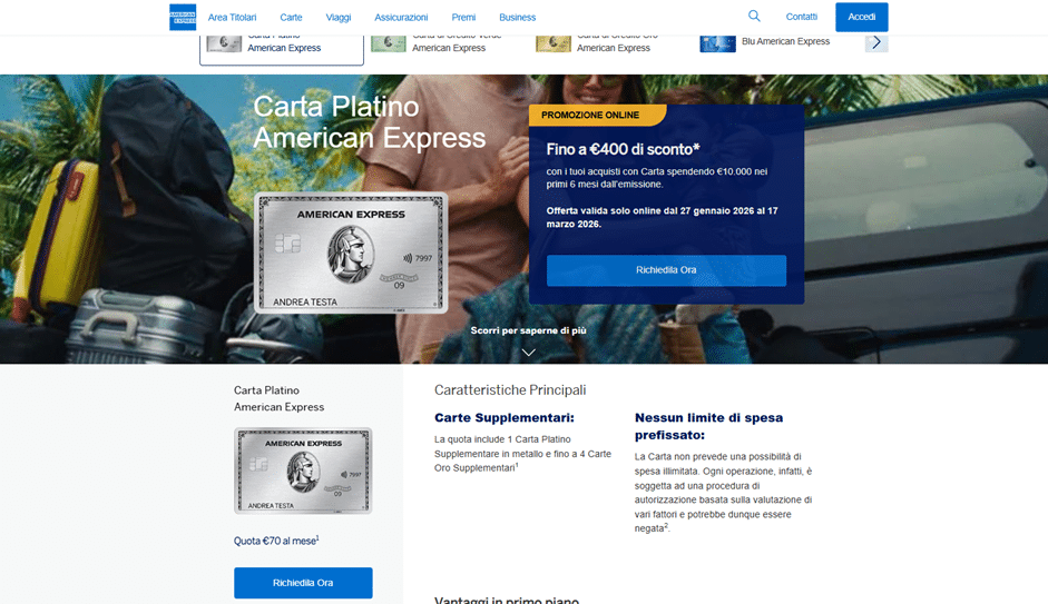 Pagina dei dettagli della American Express Explorer Card che mostra i benefici della carta e il pulsante blu "Apply now" in evidenza.