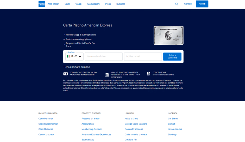Pagina del modulo di richiesta ufficiale di American Express dove l'utente inserisce i propri dati per la valutazione del credito.
