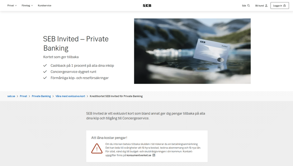Detaljsidan för kreditkortet SEB Invited som förklarar förmånerna och betonar behovet av att kontakta en rådgivare för att slutföra ansökan.