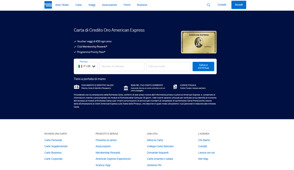 Pagina del portale sicuro American Express dove l'utente compila i campi necessari per la richiesta ufficiale della carta.