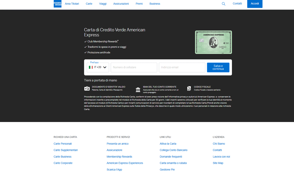 Pagina del portale sicuro American Express dove l'utente compila i campi necessari per la valutazione del profilo e la richiesta ufficiale della carta.