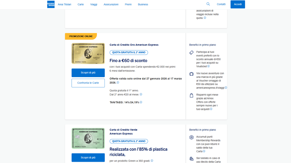 Pagina del catalogo carte American Express con diverse opzioni; la Carta Blu è visualizzata come quarta opzione con il relativo pulsante per i dettagli.