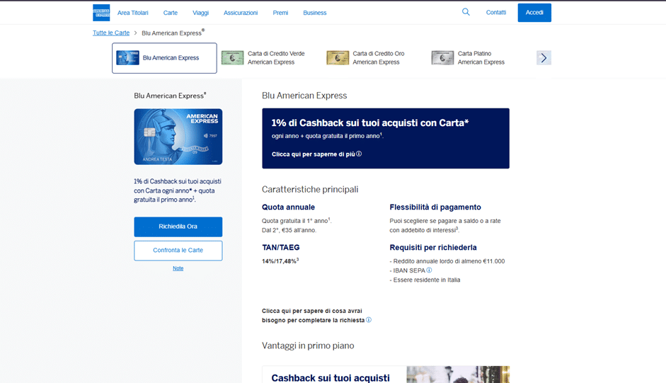 Pagina informativa della Carta Blu American Express che evidenzia i benefit della carta e il pulsante blu "Richiedila ora" in primo piano.