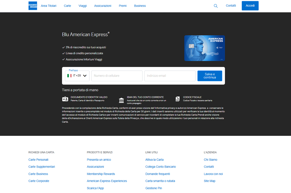 Pagina del portale sicuro American Express dove l'utente inserisce le informazioni richieste per la valutazione e la richiesta ufficiale della carta.