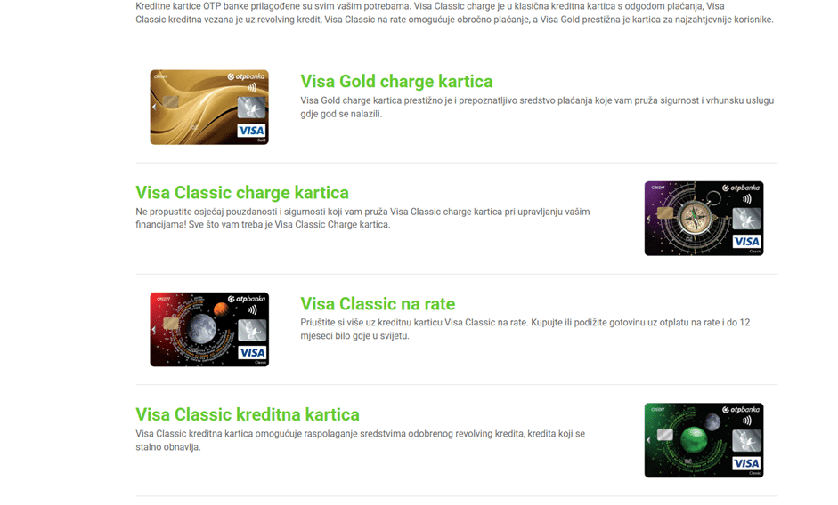 Az OTP hitelkártyák listáját bemutató oldal, ahol az OTP Classic Charge kártya választási lehetősége látható.