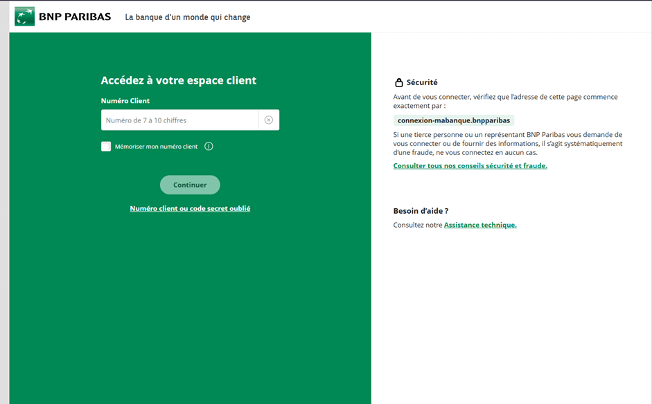 Interface de connexion sécurisée de BNP Paribas demandant le numéro de client pour accéder à l'espace personnel et finaliser la commande.