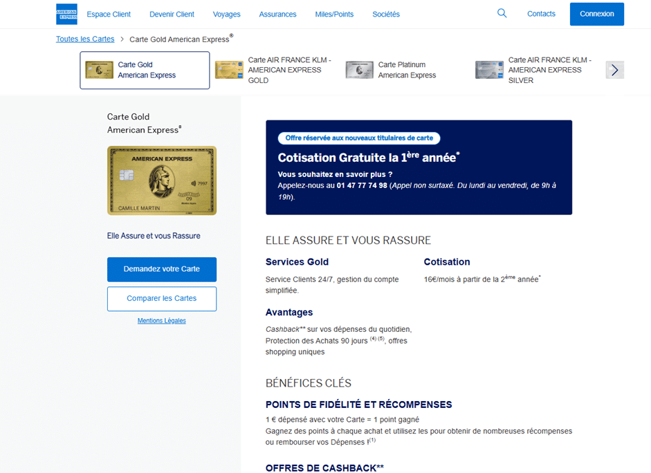 Page de détails de la carte Amex Gold montrant le visuel de la carte et le bouton bleu « demandez votre carte ».