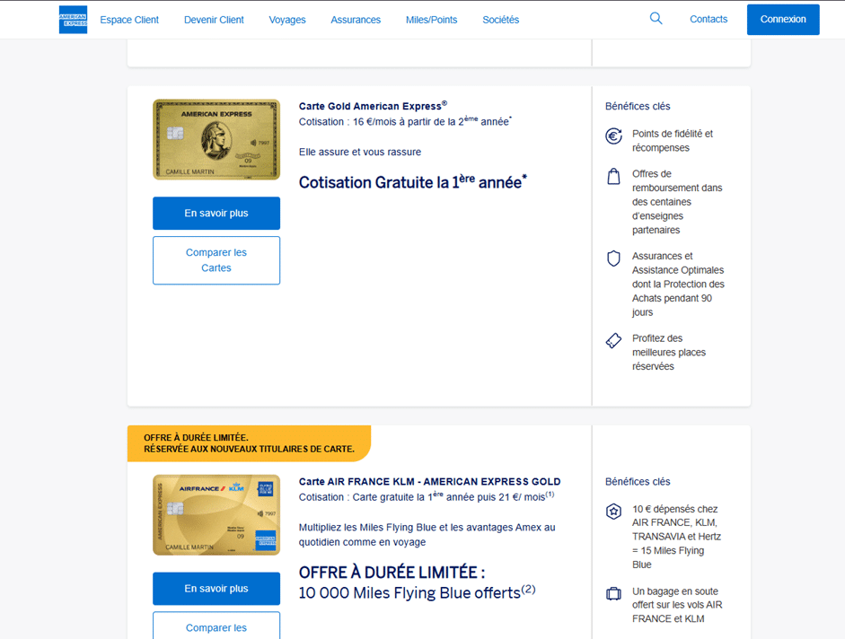 Page listant les cartes American Express, affichant spécifiquement la carte Air France KLM Gold avec son bouton de détails.